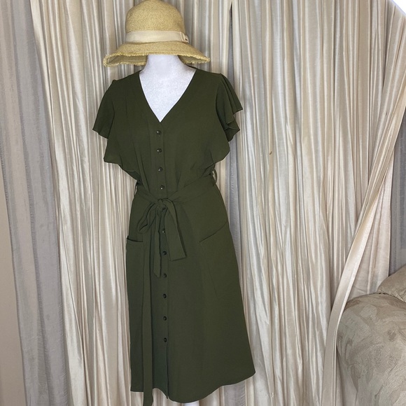 Olive Green Tie waist Dress - Picture 2 of 12